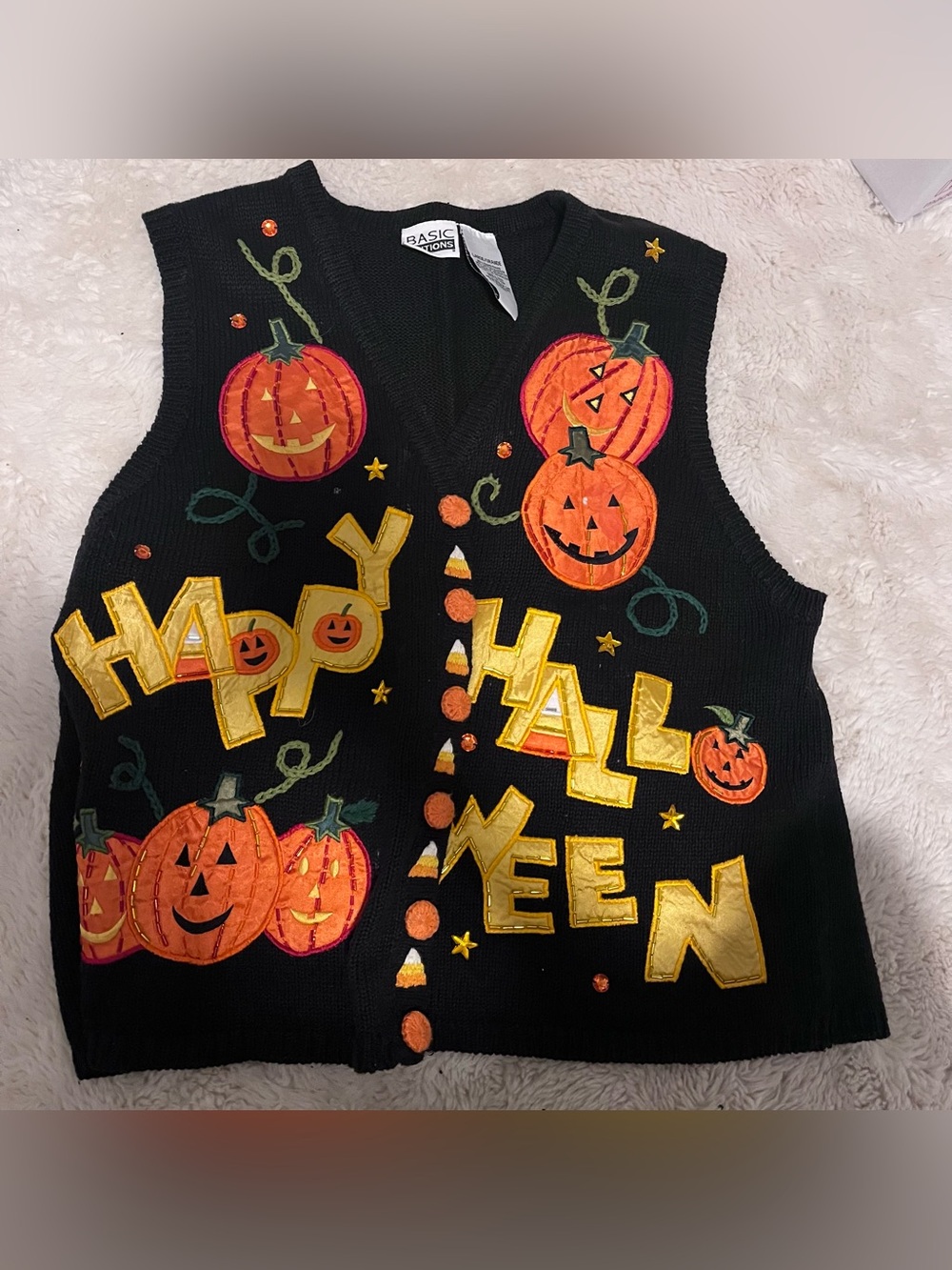 Basic Edition Cardigan Knit Sweater Vest Halloween Pumpkins Large